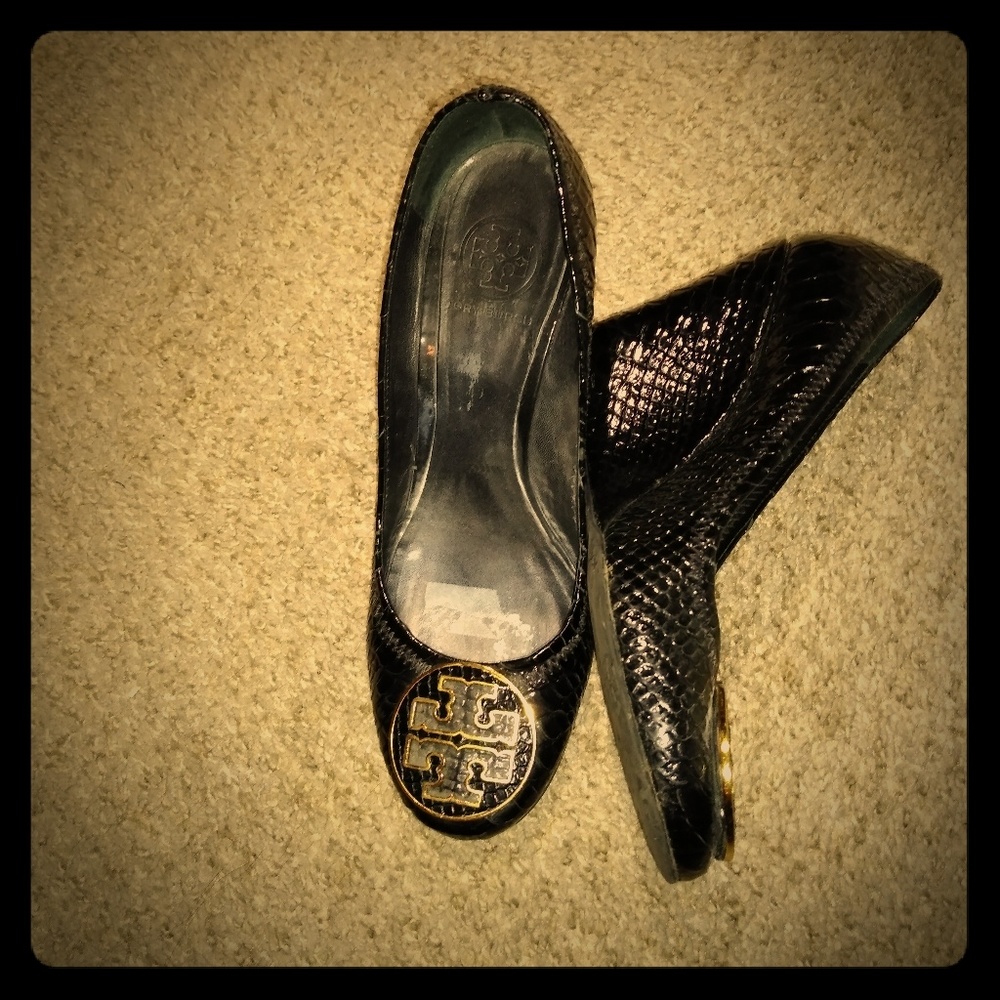 Tory Burch Black Snake Skin Wedges